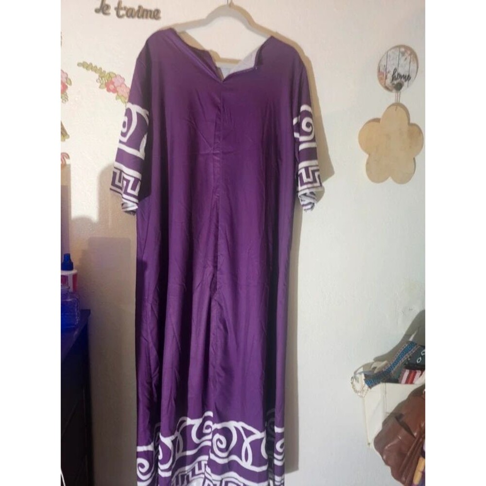 Purple with White Embroidered Look Trim Long Maxi Dress 4X
